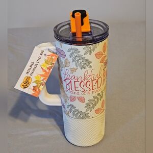 Leaf Pattern Insulated Travel Mug with Orange Straw